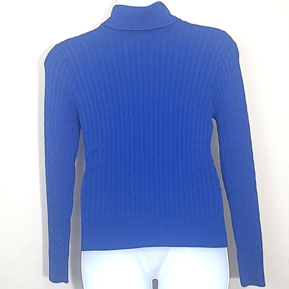 Jeanne Pierre Royal Blue Fisherman Turtleneck Sweater L 100% Cotton Cable Knit - Picture 3 of 5